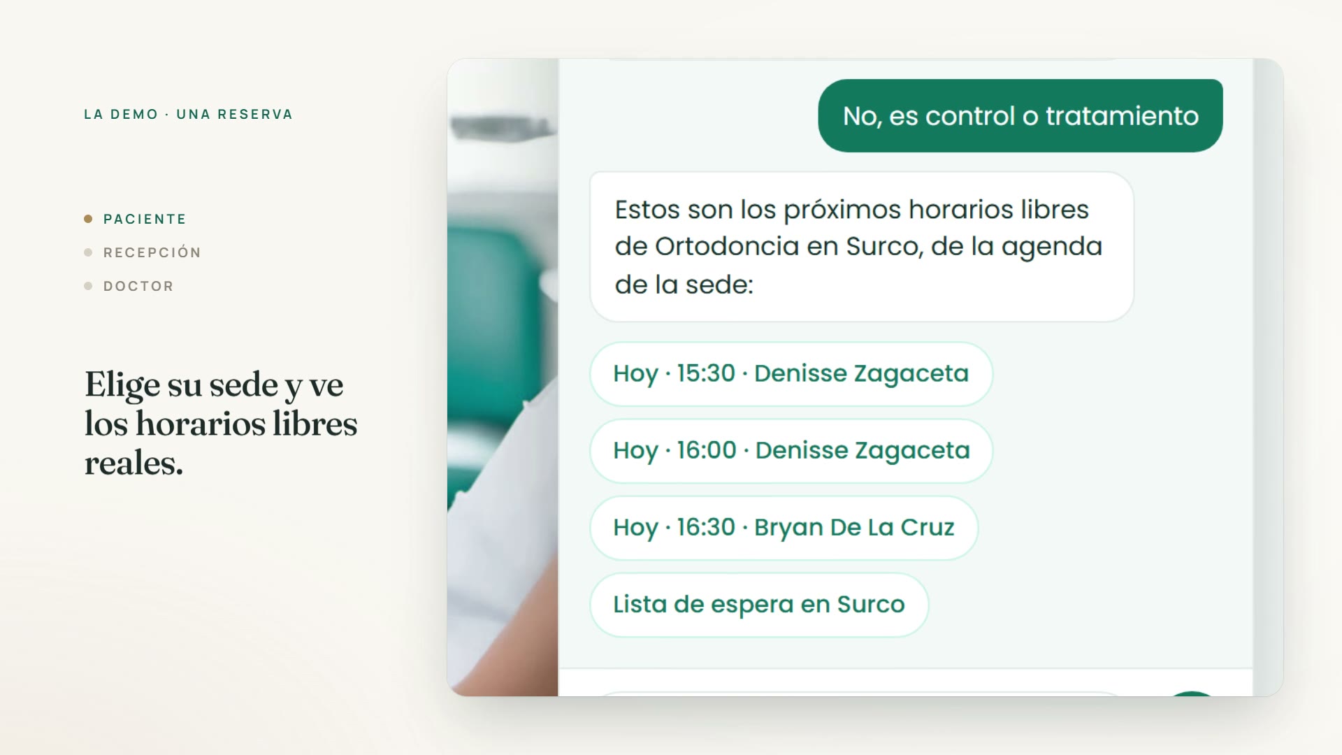 Demo: una reserva en la web llega a recepción y al doctor